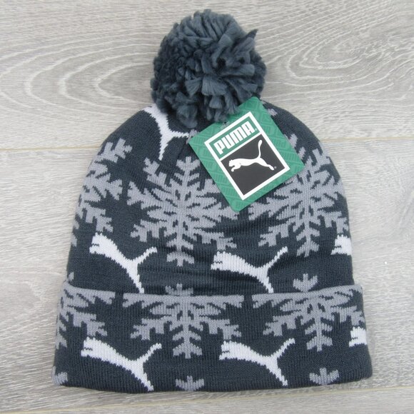 Puma Fair Isle Snowflake Pom Beanie Cap Unisex One Size Fit Grey NEW - Picture 2 of 9